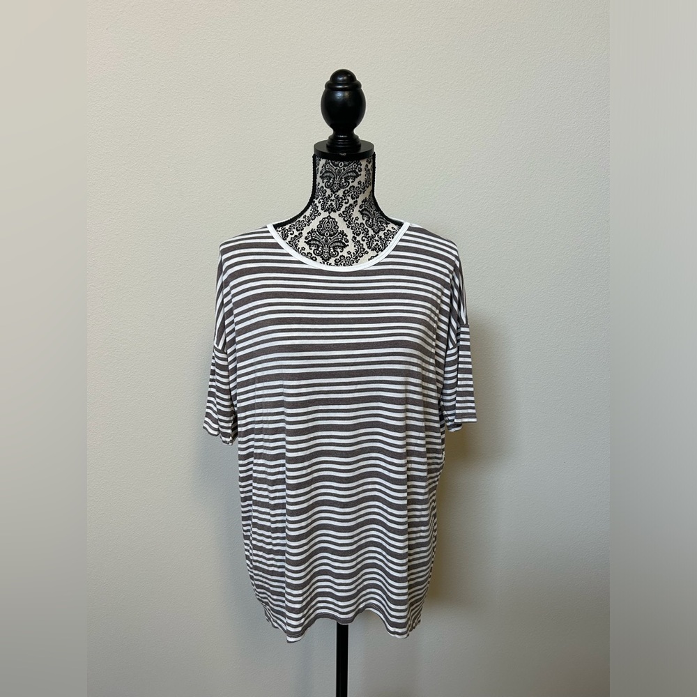 LuLaRoe Brown and White Short Sleeve Striped Top M